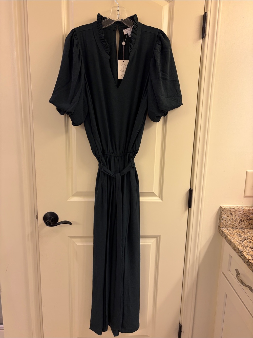 Mud Pie Forest Green Ruffled Mock-Neck Puff-Sleeve Jumpsuit